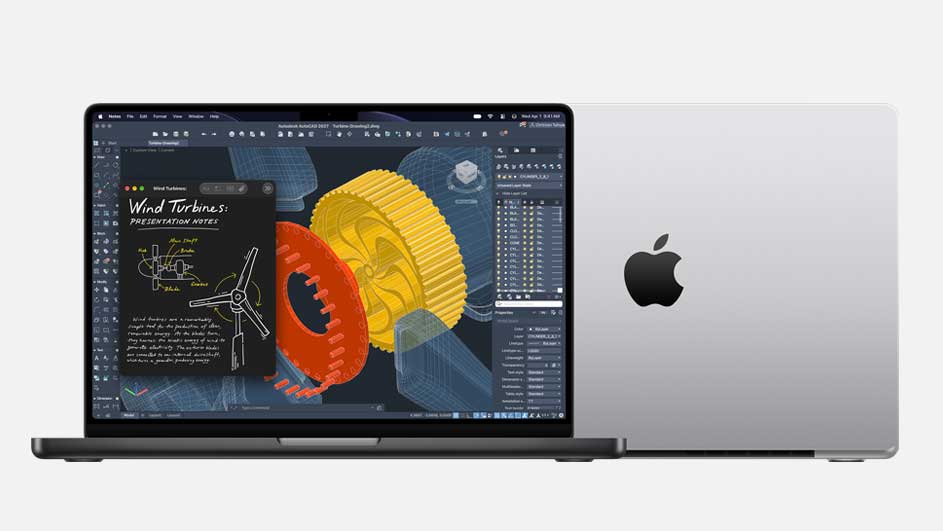 A laptop displays a technical 3D design with colourful gears. Behind it stands a silver computer with a black logo, set against a light background.
