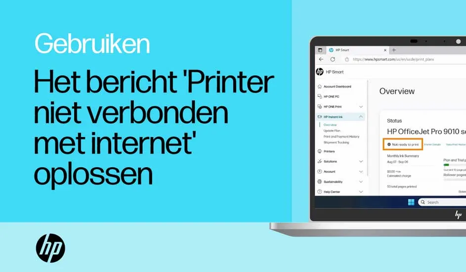 Blauw beeld met de tekst 'Gebruiken. Het bericht 'Printer niet verbonden met internet' oplossen'. Rechts een laptop met HP Smart-software.