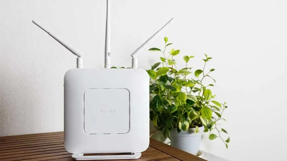 Un routeur Wi-Fi blanc avec trois antennes est posé sur une table en bois, avec une plante verte en pot à l'arrière-plan.