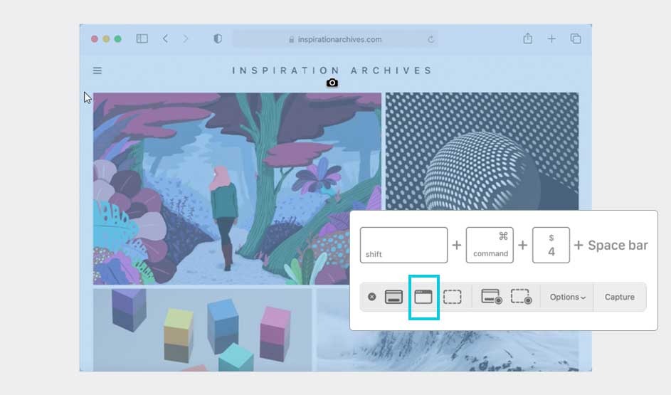 An Apple Mac shows Safari on “Inspiration Archives”. The screen is tinted, with the screenshot pane showing Shift+Command+4 plus Space for window capture.