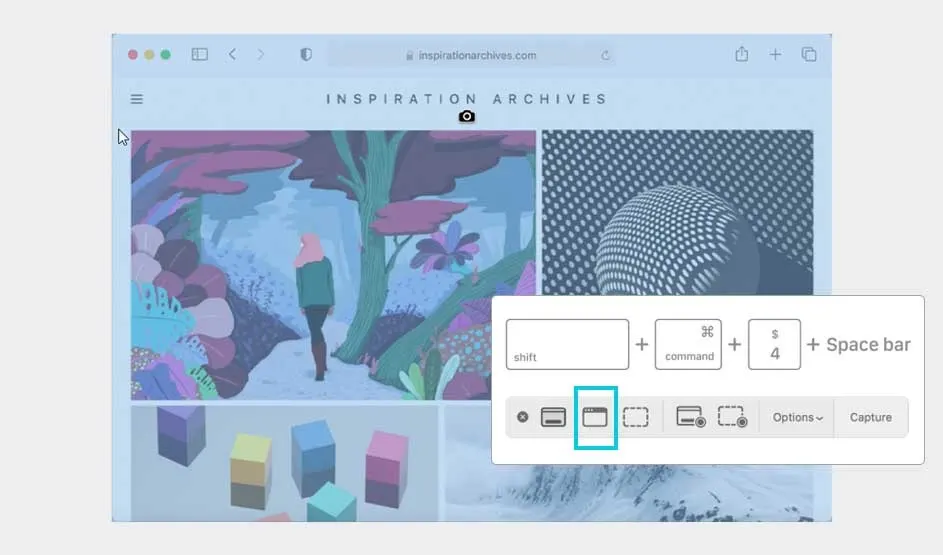 An Apple Mac shows Safari on “Inspiration Archives”. The screen is tinted, with the screenshot pane showing Shift+Command+4 plus Space for window capture.