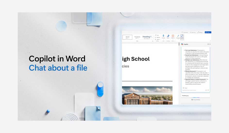 Tablette Word affichant un texte et une image d'un bâtiment scolaire, avec le texte "Copilot in Word".