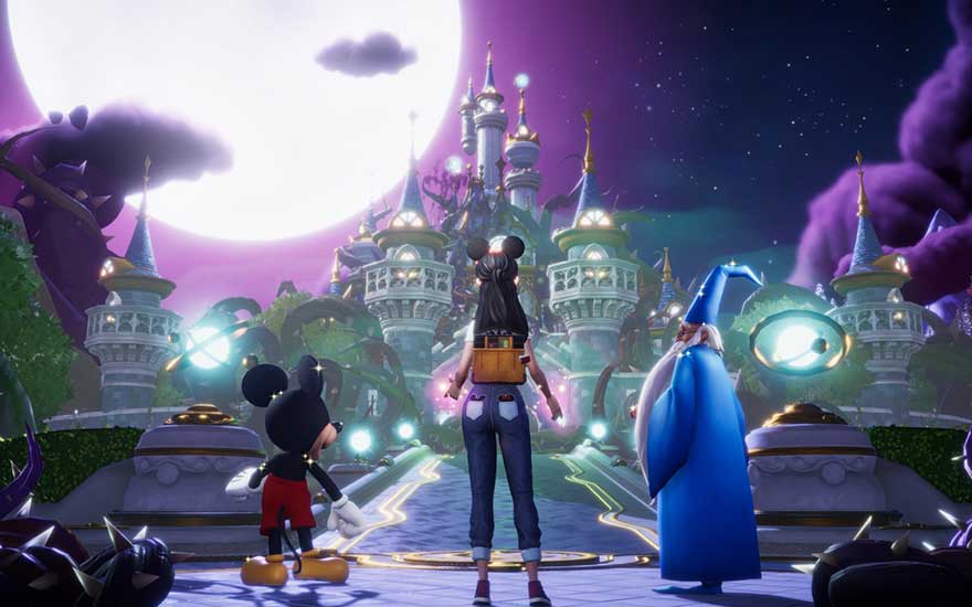 A girl, Mickey, and a wizard stand before a fairy-tale castle under a full moon in a magical land.