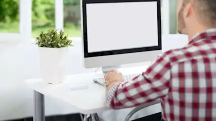 Bureau blanc avec ordinateur, clavier et plante verte en pot. Fenêtre floue en arrière-plan.