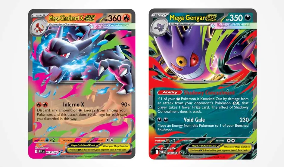 Deux cartes Pokémon colorées montrent Mega Charizard X ex et Mega Gengar ex côte à côte, avec des traits néon sur fond blanc.