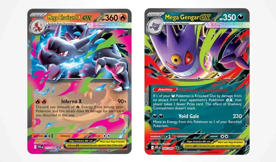 Deux cartes Pokémon colorées montrent Mega Charizard X ex et Mega Gengar ex côte à côte, avec des traits néon sur fond blanc.