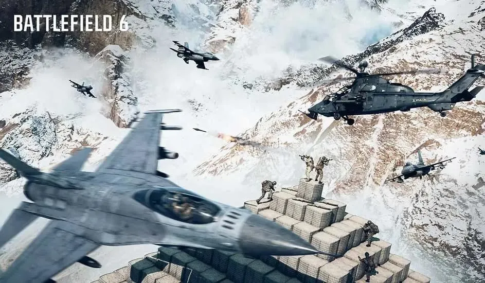 Il s’agit d’un jeu vidéo. Dans des montagnes enneigées, des soldats sur des caisses affrontent des avions de chasse et des hélicoptères en vol.