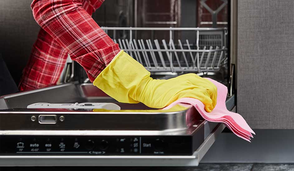 A person wearing a yellow cleaning glove wipes the inside of an open dishwasher with a pink cloth. No brand is visible.