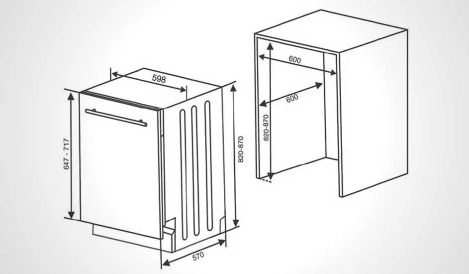 Een schematische tekening van een vaatwasser en de ombouw, met aanduiding van de afmetingen in millimeters.
