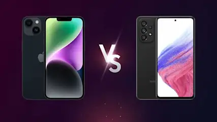Twee zwarte smartphones staan tegenover elkaar met een wit "Vs"-symbool op een paarse achtergrond.