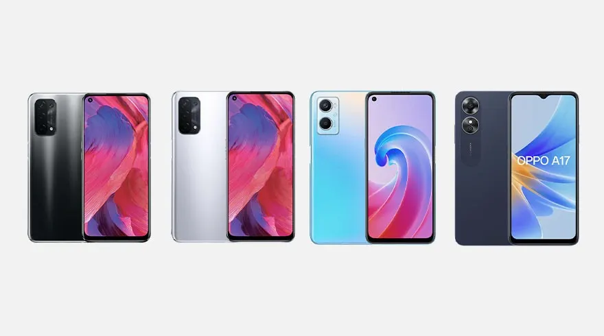 Vier smartphones staan naast elkaar in de kleuren zwart, zilver, blauw en donkerblauw. De schermen tonen abstracte patronen, en één scherm toont de tekst 'OPPO A17'.