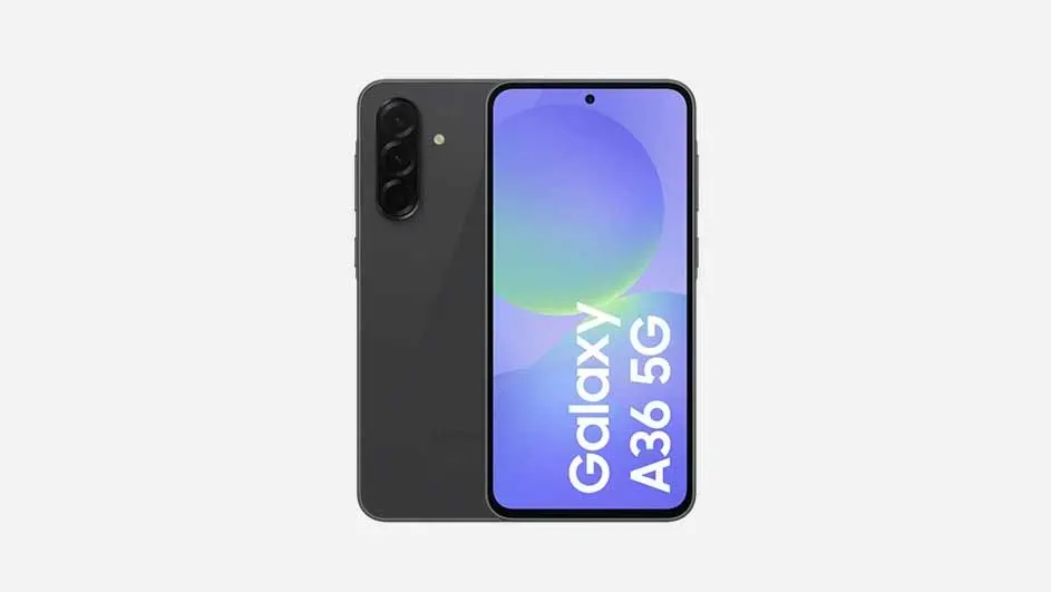 Black Samsung Galaxy A36 5G smartphone with colourful screen displaying purple and green hues, model name clearly visible on display.