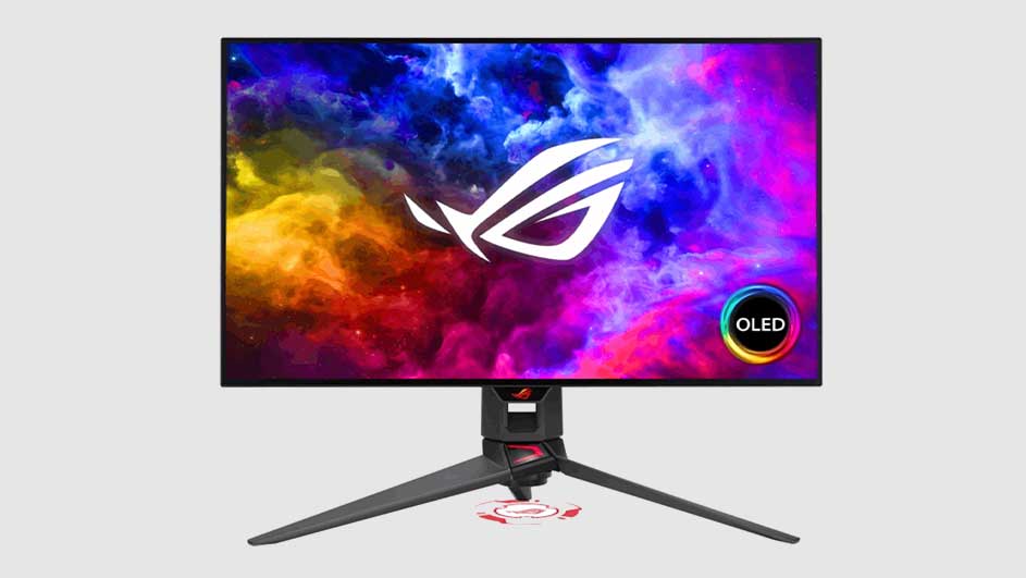 Écran OLED sur support tripode. L'écran affiche un logo blanc sur un fond coloré.