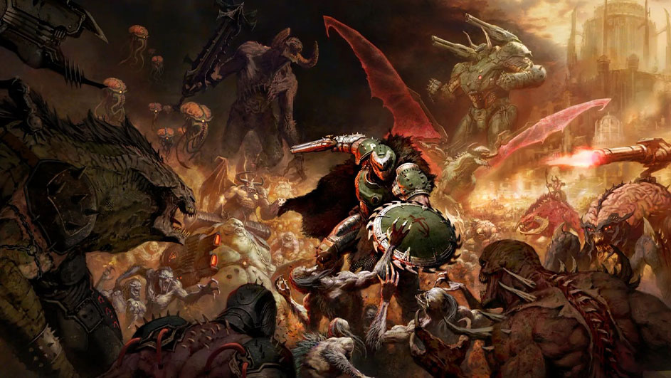 Een menigte monsters omringt een soldaat in groene bepantsering, met een schild en een wapen, in een donkere, actierijke scène.