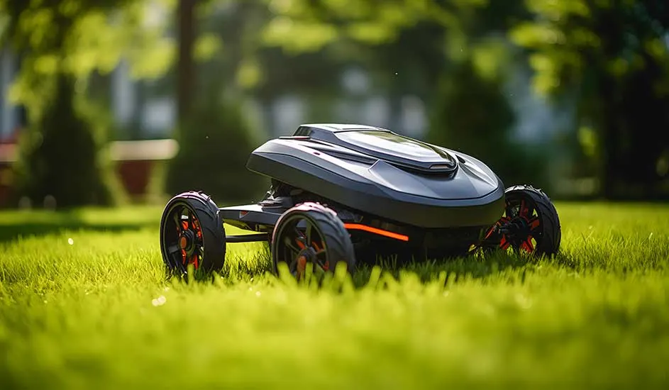 Een moderne Ambrogio robotmaaier met grote wielen rijdt zelfstandig over een zonnig gazon met fris groen gras.