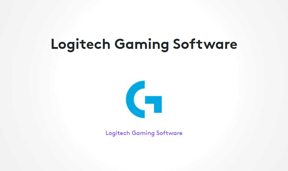Een wit scherm toont de titel Logitech Gaming Software, met daaronder het blauwe Logitech G-logo en dezelfde programmanaam in kleine paarse letters.