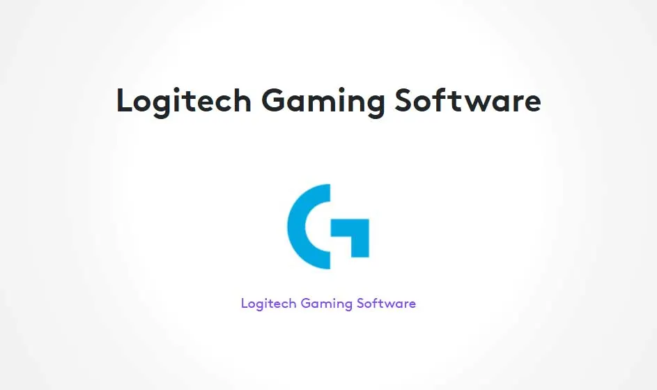 Een wit scherm toont de titel Logitech Gaming Software, met daaronder het blauwe Logitech G-logo en dezelfde programmanaam in kleine paarse letters.