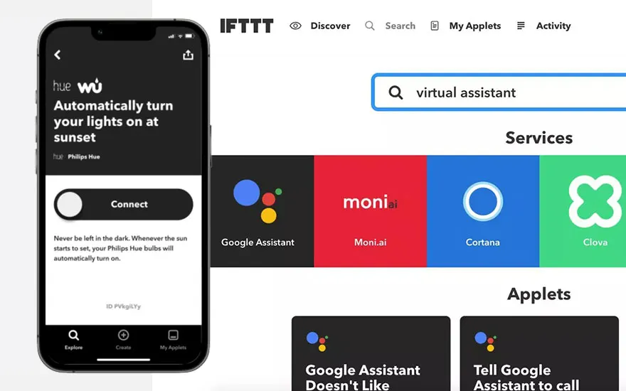 Application IFTTT avec des options de services et d'applets, y compris l'assistant Google, Moni.ai, Cortana et Clova.