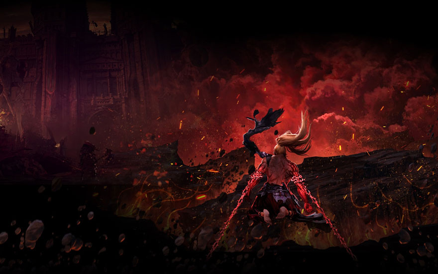 Un paysage rouge et sombre avec des roches, des débris volants et des nuages rouges.