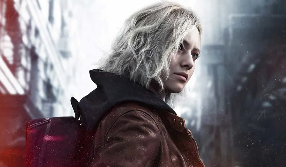 Gros plan d’un personnage féminin blond en manteau, sur fond urbain gris, avec une ambiance dramatique et intense.