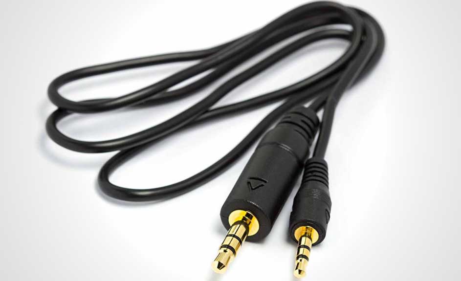 Zwarte audiokabel met twee vergulde stekkers op een witte achtergrond.