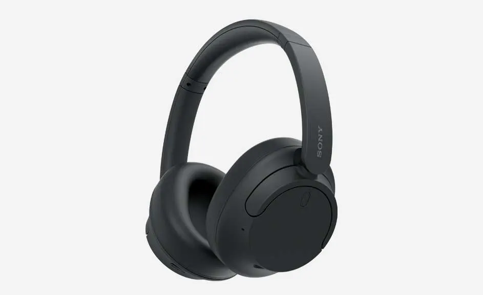 Casque noir Sony sur fond blanc. L'arceau relie deux oreillettes rondes rembourrées. Le logo Sony est visible.