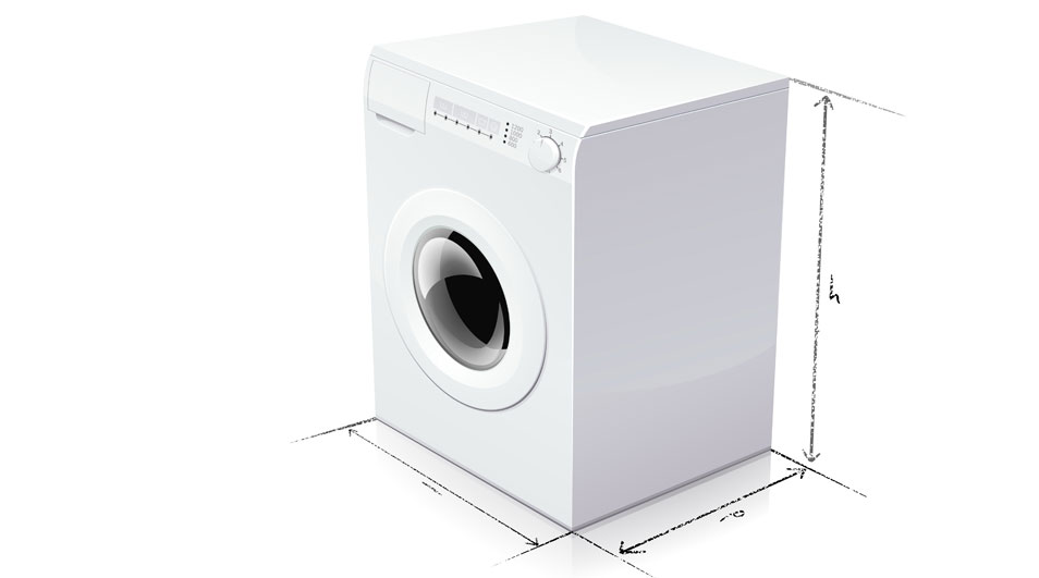Une machine à laver blanche avec un hublot rond et des dimensions esquissées à l'arrière-plan.