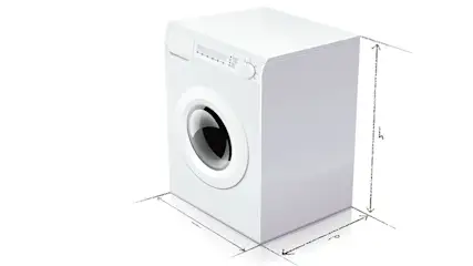Une machine à laver blanche avec un hublot rond et des dimensions esquissées à l'arrière-plan.