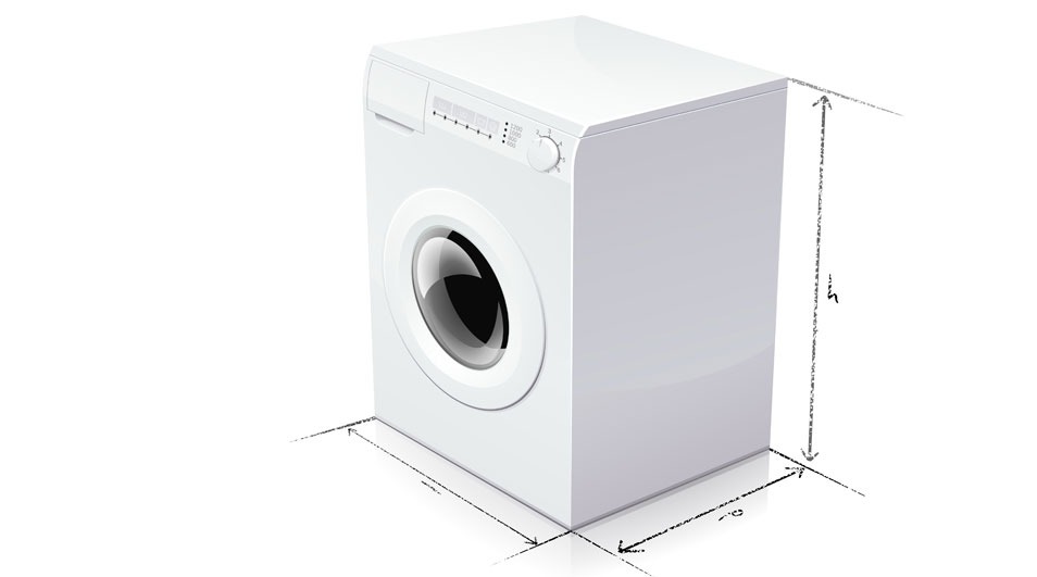 Een witte wasmachine met een zwarte, ronde deur op een witte achtergrond met dimensionale schetsen.