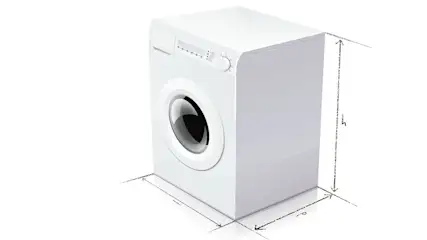 Een witte wasmachine met een zwarte, ronde deur op een witte achtergrond met dimensionale schetsen.