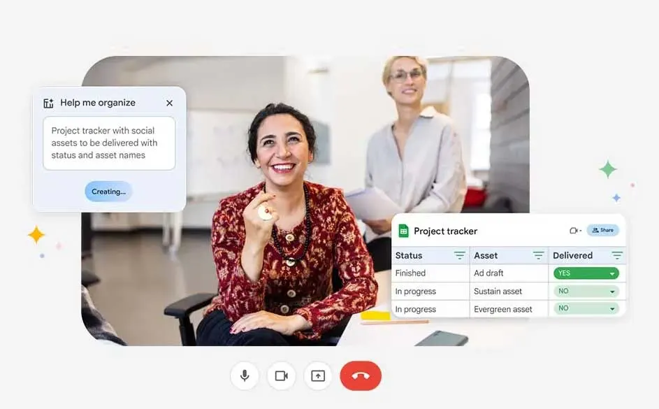 Videogesprek-interface met projecttracker-pop-ups. De status, activa en levering worden getoond in een tabel.