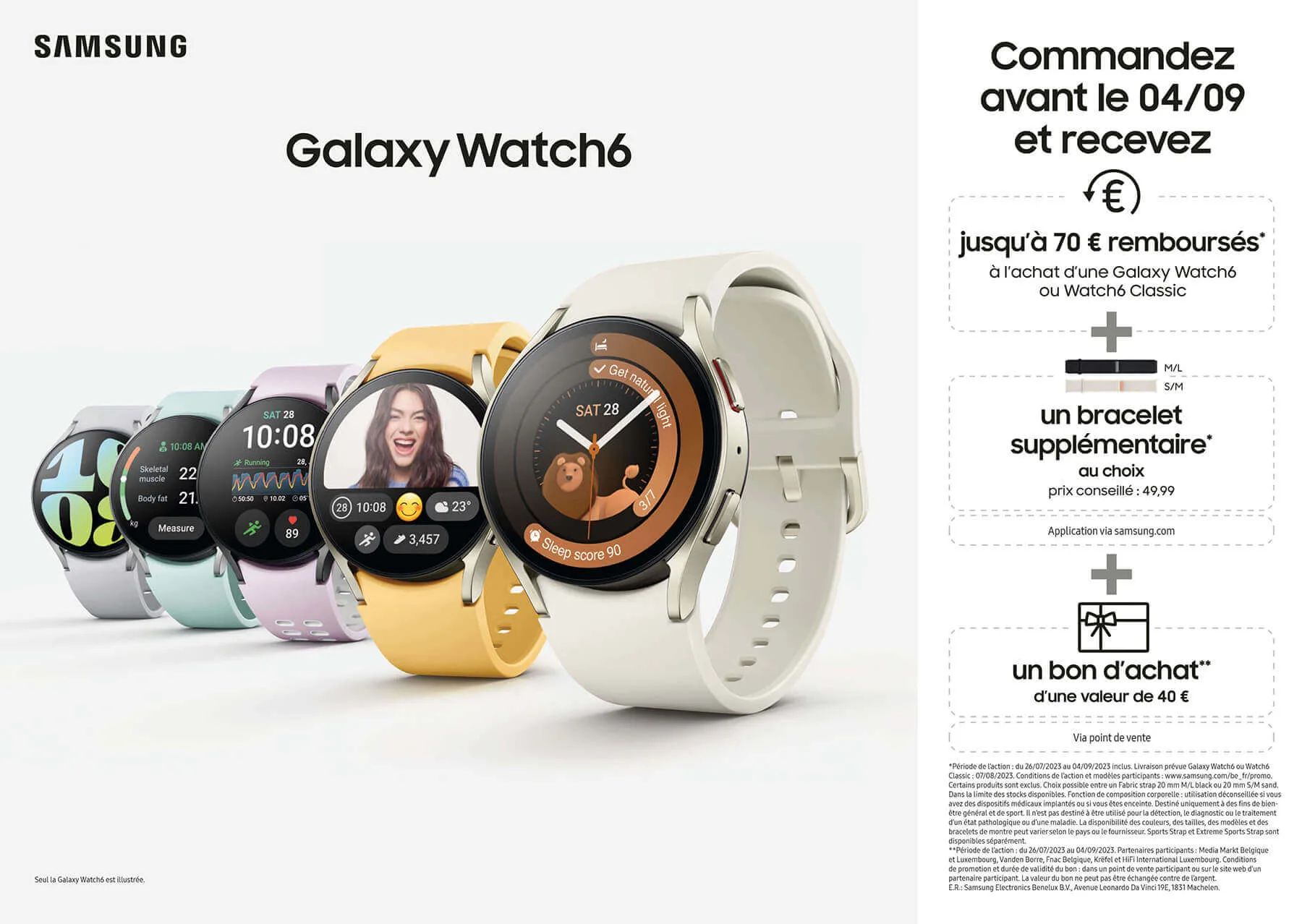 Montres Galaxy Watch6 aux bracelets colorés, affichant des données de santé et l'heure. Promotion sur fond blanc.