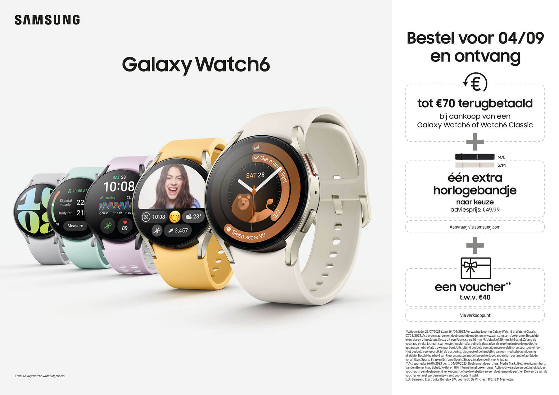 Verschillende Samsung Galaxy Watch6 horloges met diverse bandjes en schermen op een witte achtergrond.