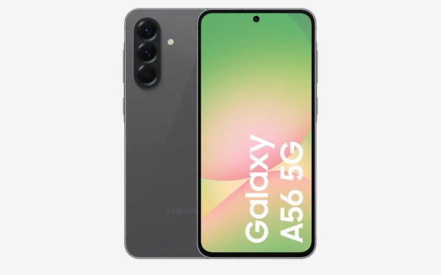 Grey Samsung Galaxy A56 5G with triple camera and warm yellow-pink gradient display on white background.