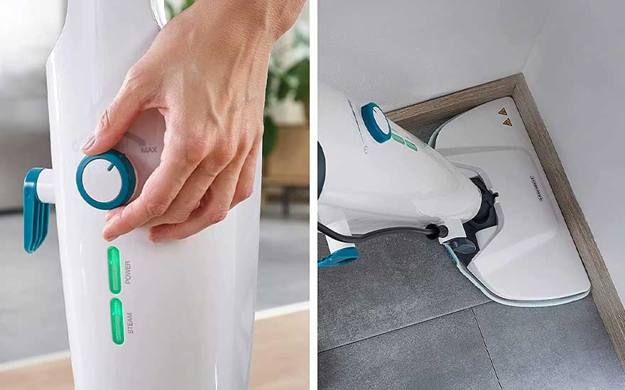 Un nettoyeur vapeur blanc avec réglage turquoise, indicateurs lumineux verts. Le nettoyeur est utilisé sur un sol gris près d'une plinthe.