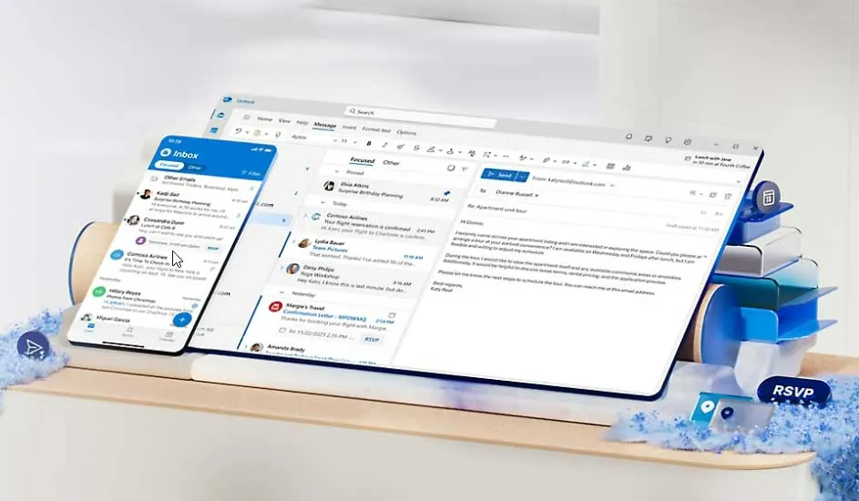 Twee schermen tonen een e-mailinterface, één op een smartphone en één op een tablet, beide met een blauw kleurenschema.