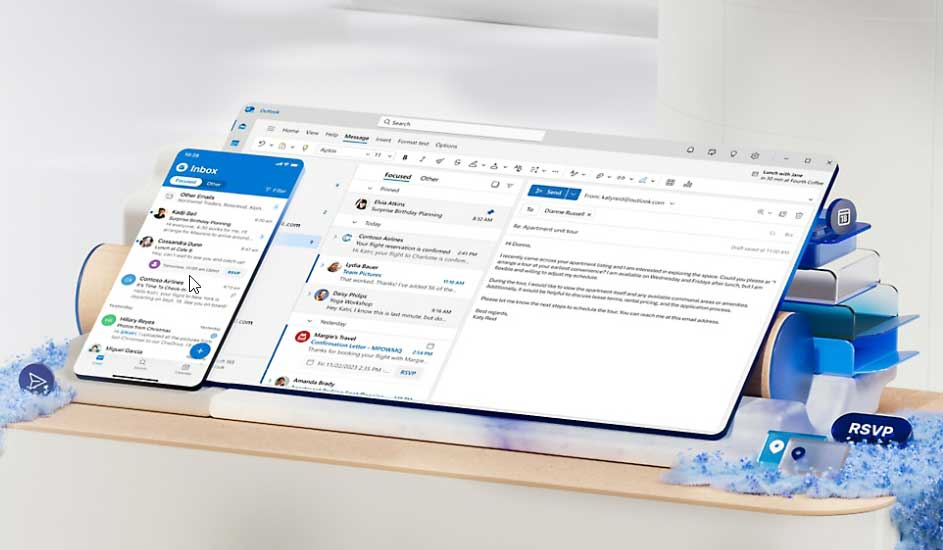 Un smartphone et une tablette affichent une application de messagerie avec des e-mails et des options. RSVP est visible.
