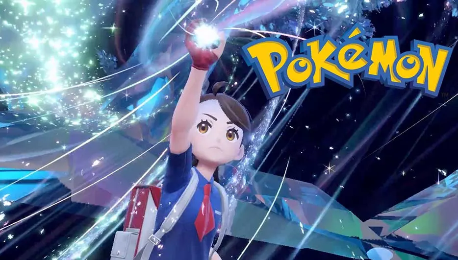 Een jonge trainer heft een fonkelende energiebol in de lucht, omringd door blauwe lichtstrepen en sterren, met het kleurrijke Pokémon-logo links.