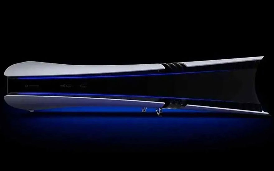 Een horizontaal geplaatste PlayStation 5 met futuristisch ontwerp en blauwe verlichting, weergegeven tegen een zwarte achtergrond.