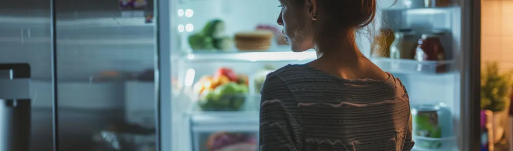 Une cuisine éclairée avec un réfrigérateur ouvert rempli de fruits, de légumes et de bocaux.