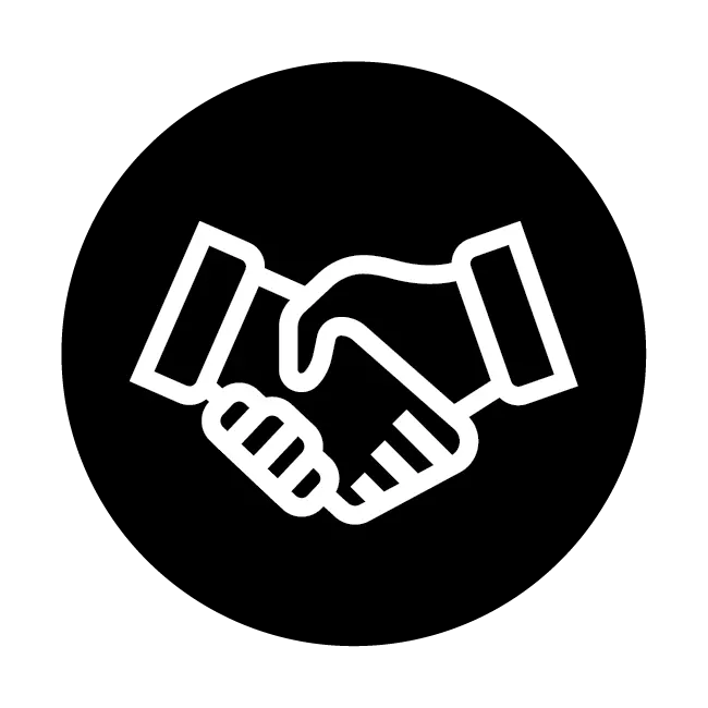 Black circular icon with white handshake symbol. 