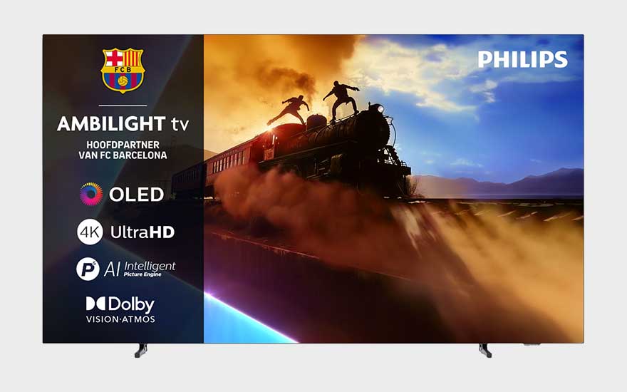 Un téléviseur Philips Ambilight affiche une scène spectaculaire avec un train en marche, de la fumée et un ciel lumineux.