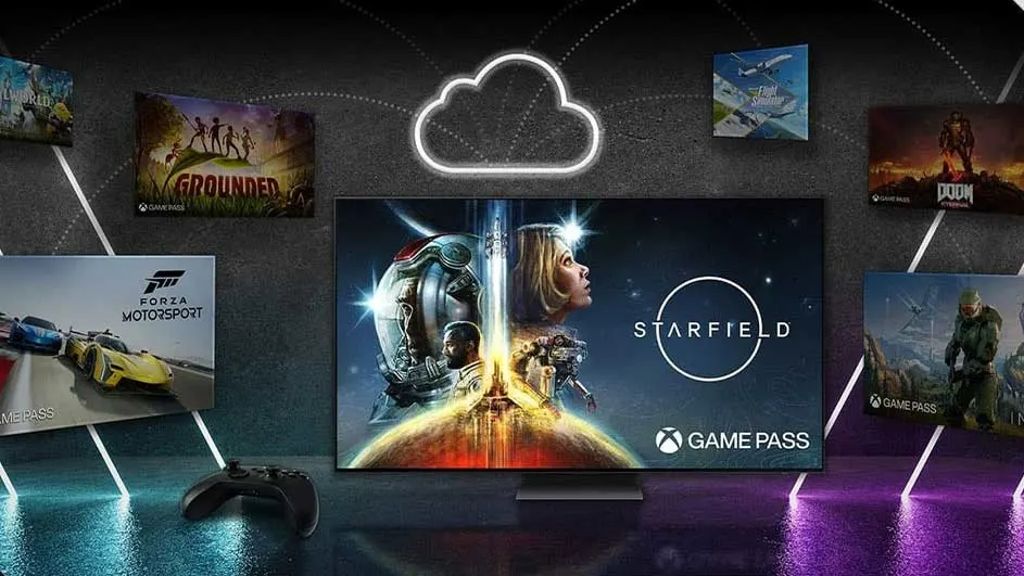Un écran affiche le jeu Starfield, entouré d'images de jeux, d'un nuage lumineux et d'une manette Xbox sur un sol violet.