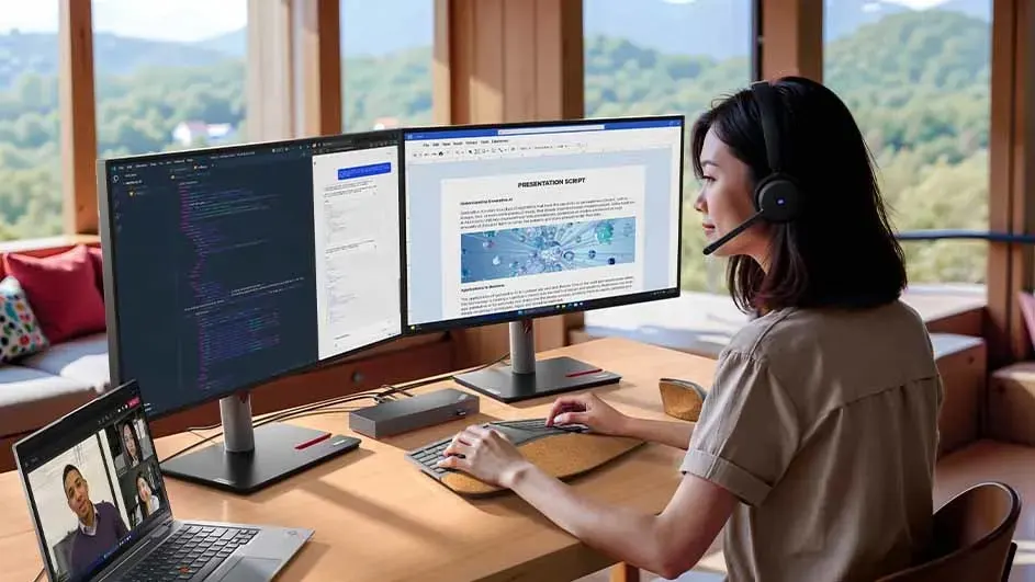 Vrouw met headset werkt thuis aan dubbele monitoren. Ze heeft videogesprek op laptop terwijl ze presentatie bekijkt met prachtig boslandschap buiten.