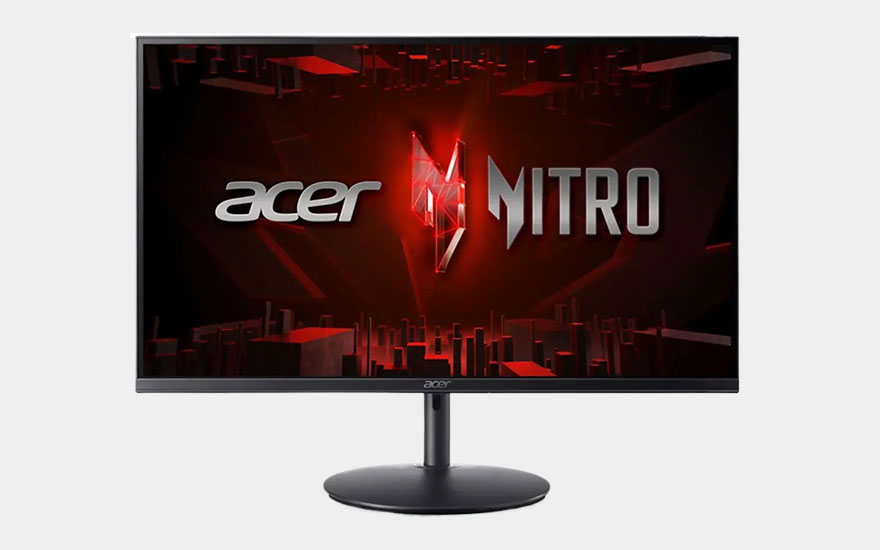 Een Acer Nitro gamingmonitor met dunne randen toont een rood, futuristisch opstartscherm met het Acer en Nitro logo in het midden.
