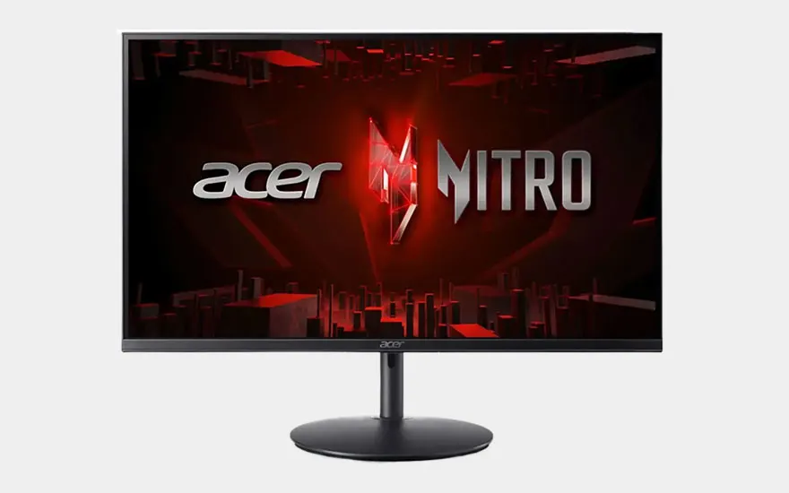 Een Acer Nitro gamingmonitor met dunne randen toont een rood, futuristisch opstartscherm met het Acer en Nitro logo in het midden.