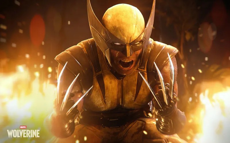 Een vurige, agressieve Wolverine-illustratie: in geel pak, masker en glanzende klauwen, schreeuwend te midden van vlammen en vonken.