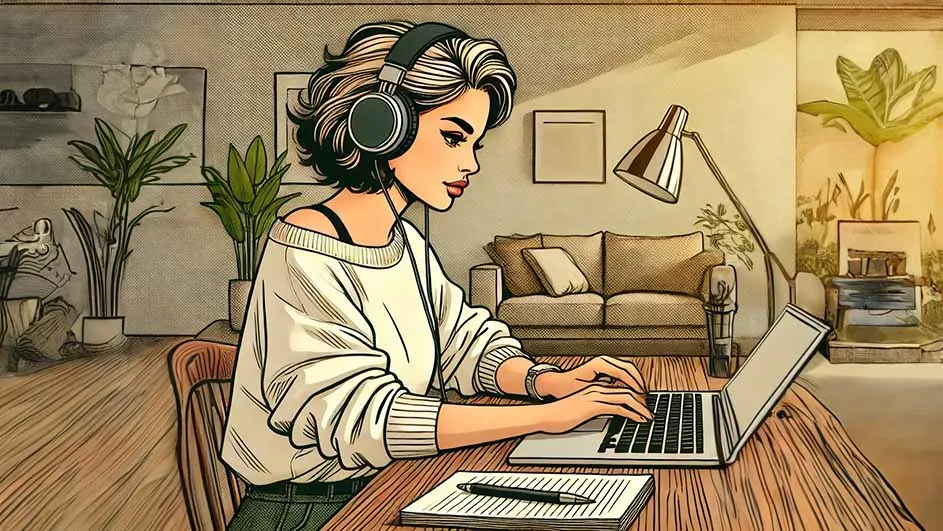 Une personne utilise un ordinateur portable sur une table en bois, avec un bloc-notes et un stylo à proximité. En arrière-plan, un canapé et des plantes.