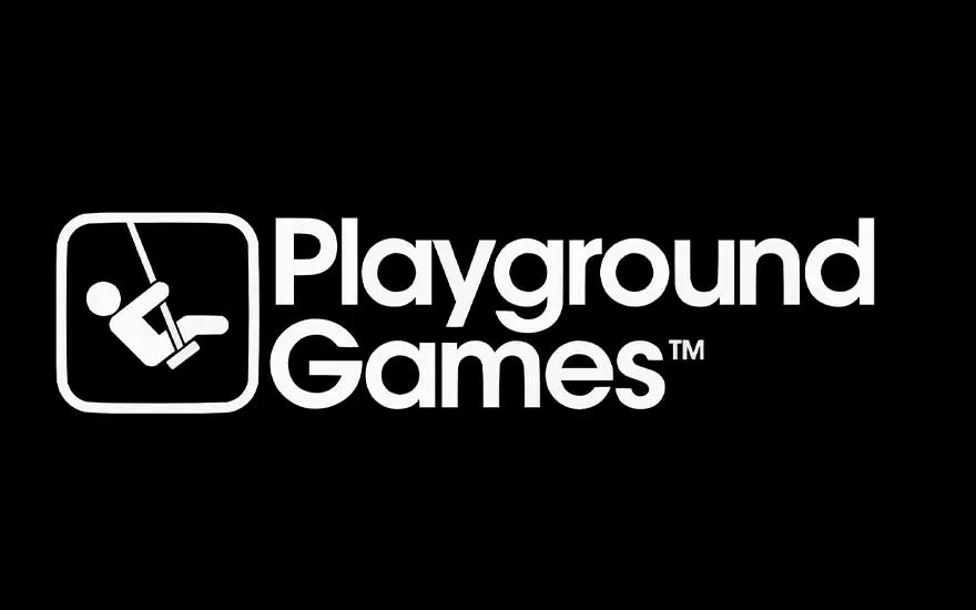 Logo blanc Playground Games sur fond noir, avec un pictogramme d’une personne sur une balançoire placé à gauche du texte.