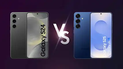 Deux smartphones, gris et bleu, sont présentés sur un fond violet foncé avec un symbole "Vs" lumineux au milieu.